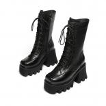 Botas de media pantorrilla con plataforma de otoño para mujer, botas de moto de tacón alto y grueso de cuero genuino, zapatos de