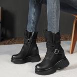 Retro British Style Female New Fashion Genuine Leather Shoes Pltform High Heels Women Mid Calf Casual Motorcycle Boots E