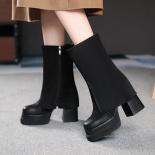 Otoño Invierno diseño nueva bota de media pantorrilla femenina tacones altos cuadrados plataforma gruesa cremallera botas de cue