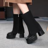 Autumn Winter Design New Mid Calf Boot Female Square High Heels Thick Platform Zipper Genuine Leather Women's Boots Shoe