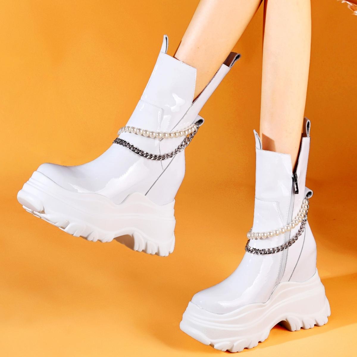 New Fashion Ankle Boots Chunky High Heels Patent Leather Women Platform Black White Punk Gothic  Model Ladies Shoes E000