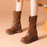 New Women Fashion Autumn Winter Thick Platform Shoes English Style Round Toe Ladies Mid Calf Boots Black Brown High Heel