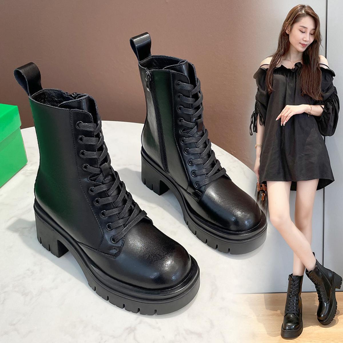 British Style Womens Fashion Party Nightclub  High Heels Boots Black Genuine Leather Shoes Tide Platform Boot Short Bota