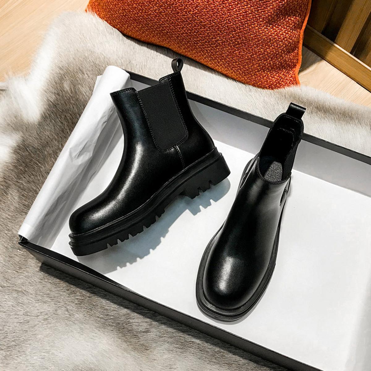 Famous Brand Chelsea Boots For Women Casual Black Platform Shoes Ladies Cow Leather Boot Sweet Girls Ankle Botas Bottine
