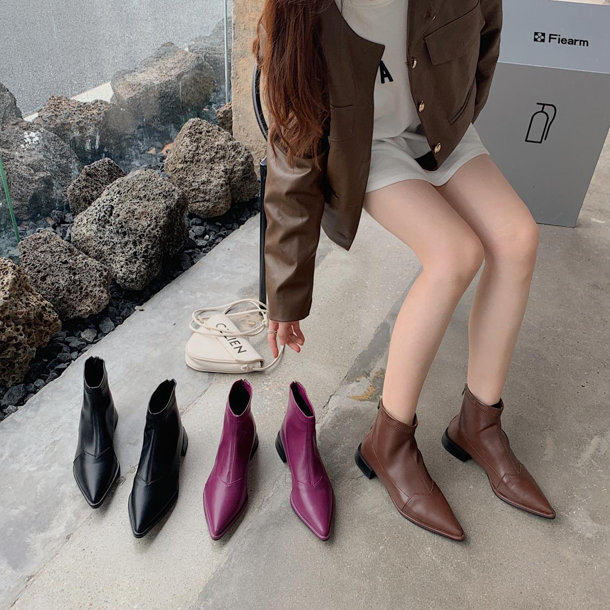 2022 botines de mujer tacones gruesos punta puntiaguda zapatos de invierno mujeres pantalones cortos elegantes botas marca crema