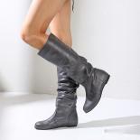 Women's Calf Length Leather Long Boots Autumn And Winter Round Toe Pleated Tall Flat Boots Knight Boots For Female  Wome