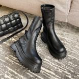 Women's Platform Chelsea Black Martins Round Toe Mid Calf Boots Autumn Winter Short Leather Rubber Comfortable Boots  Wo