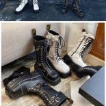 Botas Punk con aumento de altura para mujer, botas cortas de suela gruesa con cordones y hebillas, botas de motocicleta, medias 