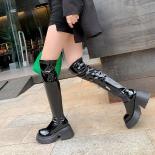 Women Boots New Fashion Patent Leather Round Toe Shiny Chunky Platform Ankle Boots Knee High Boots Long Boots Botas Feme