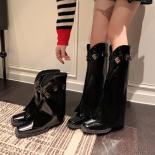 Botas con hebillas de Metal negro, botines hasta la rodilla, con punta cuadrada, cuero Pu, zapatos hechos a mano, cuñas de tacón