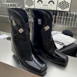 Botas con hebillas de Metal negro, botines hasta la rodilla, con punta cuadrada, cuero Pu, zapatos hechos a mano, cuñas de tacón