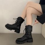 Botas de media pantorrilla para Mujer, Botas de moto con plataforma gruesa, con cordones, antideslizantes, botines con cremaller