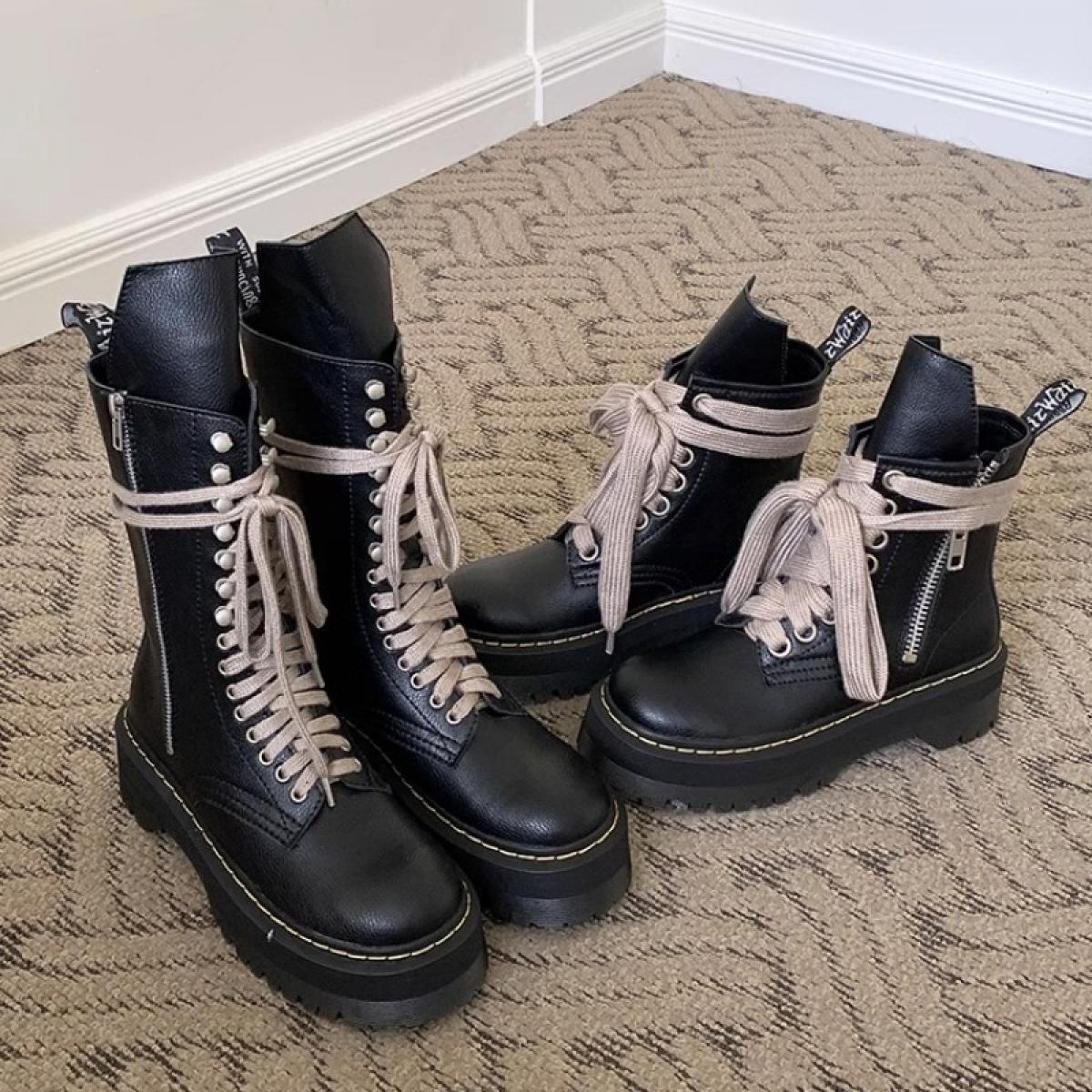 Women Motorcycle Leather Chunky Platform Boots Luxury Mid Calf Lace Up Bandage Winter Riding Boots Casual Zip Black Ankl