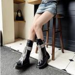 Women Motorcycle Leather Chunky Platform Boots Luxury Mid Calf Lace Up Bandage Winter Riding Boots Casual Zip Black Ankl