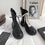 Women Motorcycle Chunky Platform Boots Lace Up Bandage Riding Boots Casual Zip Black Ankle Boots Women Plush Ankle Booti
