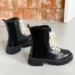 Women Motorcycle Chunky Platform Boots Lace Up Bandage Riding Boots Casual Zip Black Ankle Boots Women Plush Ankle Booti