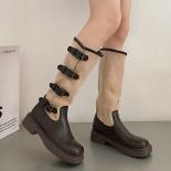 Women Mid Calf Boots Thick High Heels Punk Gothic Knee High Motorcycles Boots Buckled Comfy Walking Boots Autumn Winter 