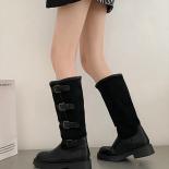 Women Mid Calf Boots Thick High Heels Punk Gothic Knee High Motorcycles Boots Buckled Comfy Walking Boots Autumn Winter 