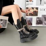 Women Motorcycle Chunky Platform Boots Luxury Round Toe Mid Calf Lace Up Bandage Winter Boots Casual Zip Black Ankle Boo