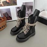 Women Motorcycle Chunky Platform Boots Luxury Round Toe Mid Calf Lace Up Bandage Winter Boots Casual Zip Black Ankle Boo