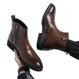 Brown Men Short Boots Block Zipper  Round Toe Spring Autumn Business Handmade Mens Ankle Boots Size 38 46