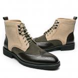 New Men Short Boots Brown Block Lace Up Round Toe Flock Business Vintage Boots Handmade Size 38 46