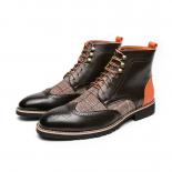 New Men Short Boots Brown Block Lace Up Round Toe Flock Gingham Business Vintage Boots Handmade Size 38 46