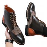 New Men Short Boots Brown Block Lace Up Round Toe Flock Gingham Business Vintage Boots Handmade Size 38 46