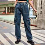 Women's Cargo Pants Y2k Loose Straight Jeans Fashion Street High Waist Multi Pockets Casual Ladies Blue Denim Trousers