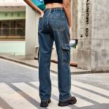 Women's Cargo Pants Y2k Loose Straight Jeans Fashion Street High Waist Multi Pockets Casual Ladies Blue Denim Trousers