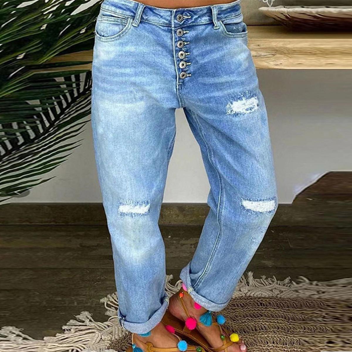 מכנסי ג'ינס כחולים לנשים רפויים עם חזה יחיד קרוע רגליים ישרות מכנסיים בסגנון רחוב קז'ואל בתוספת מידה גבוהה מותן מכנס ג'ינס של אמ