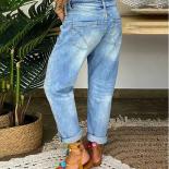 Women Blue Jeans Loose Single Breasted Ripped Straight Leg Pants Casual Street Style Plus Size High Waist Mom Denim Pant