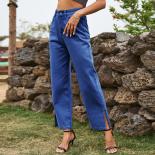 שמלת ג'ינס כחולה לנשים שסעי רגלי מכנסיים y2k שטופים רופפים אופנה קז'ואל מכנסי ג'ינס באמצע מותן 2023 נשים