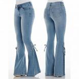Stretch Women's Jeans Vintage Blue Wash Lace Up Mid Rise Street Flare Fashion Casual Plus Size Ladies Denim Trousers