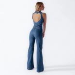 קיץ סרבל ג'ינס ללא גב לנשים 2023 חדש רזה ללא שרוולים צוואר V רטרו בגדי רחוב אופנה נשים ג'ינס גבוה מותן