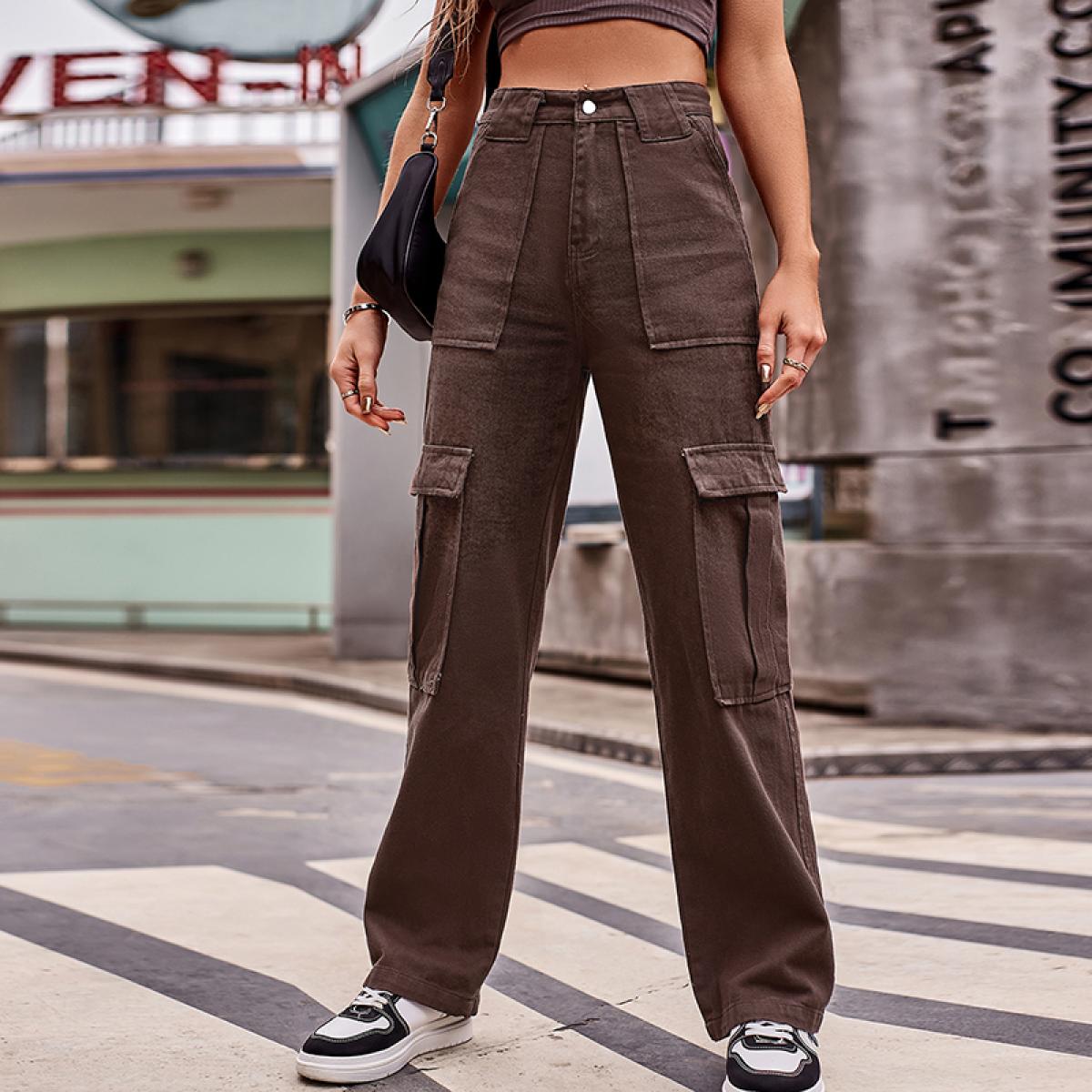 Fashion (Black)Y2K Pockets Cargo Pants For Women Straight Oversize