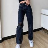 ג'ינס שחור לנשים קיץ משוחרר קרוע באמצע מותן מכנסי ג'ינס רחבות רגליים אופנה קז'ואל רטרו רחוב 2023 מכנסי נשים