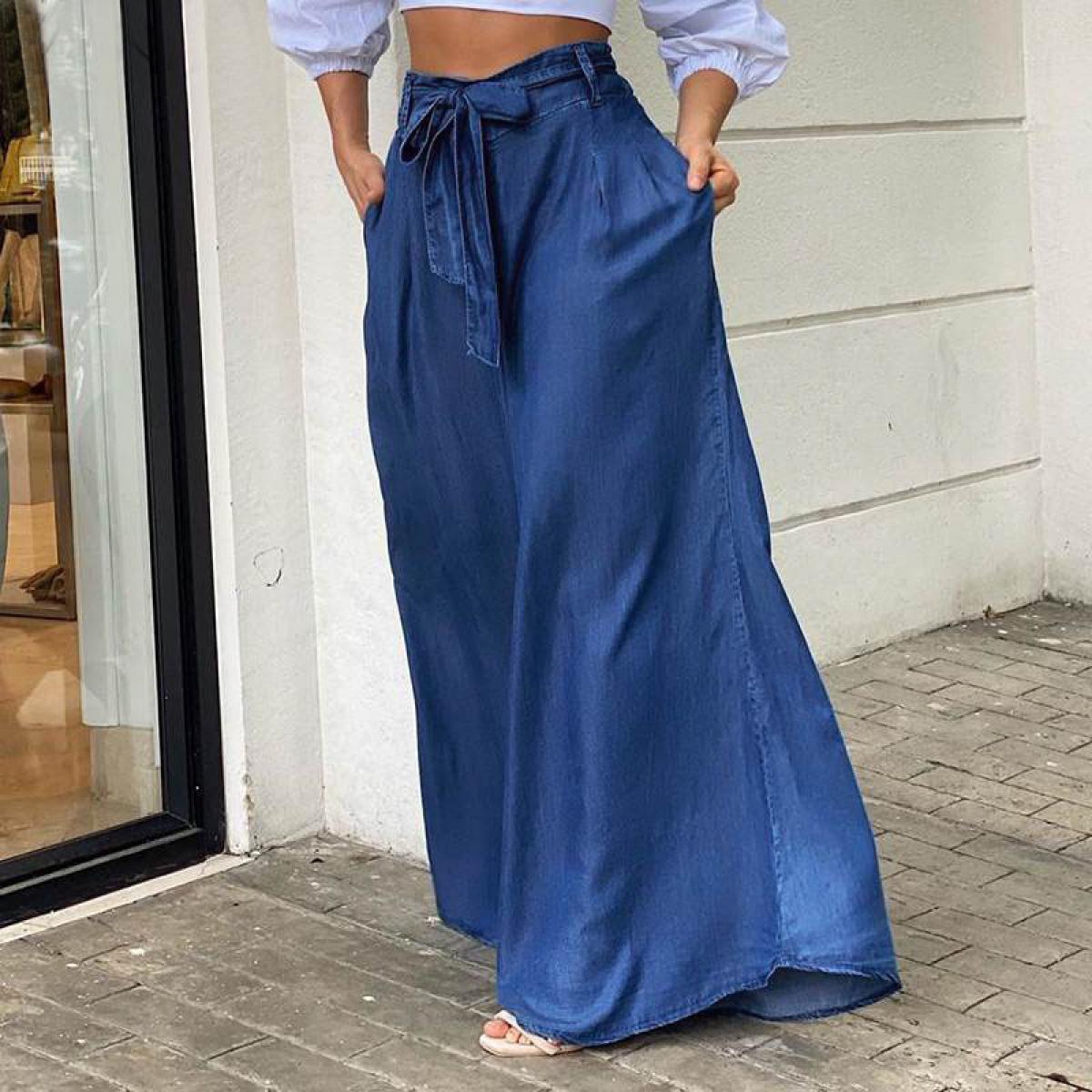 Women's Blue Loose Denim Wide Leg Pants Elegant Lace Up Summer Thin Casual High Waisted Halkas 2023 Fashion Ladies Jeans