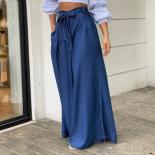Women's Blue Loose Denim Wide Leg Pants Elegant Lace Up Summer Thin Casual High Waisted Halkas 2023 Fashion Ladies Jeans