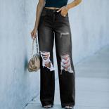 High Waist 2023 New Retro Hollow Out Flared Pants Loose Casual Ripped Wide Leg Pants Straight Leg Jeans Women's Street P