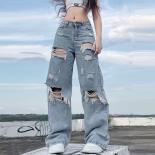 Streetwear Ripped Jeans Women Straight Pants Women Mid Waist Loose Summer Baggy Jeans Y2k High Street Cargo Pants Women 