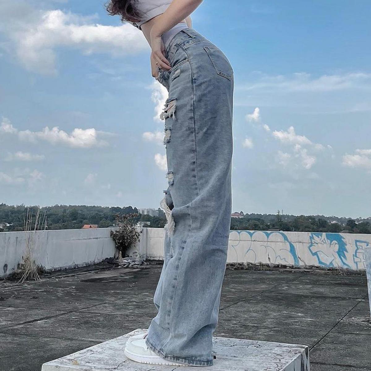 Fall High Waist Straight Women's Ripped Jeans Women 2022 New Blue Denim Trousers  Clothing Fashion Streetwear Baggy Pant
