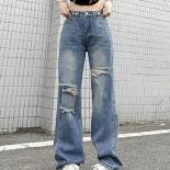 Zoki Y2k Hole Jeans Women Streetwear Retro High Waist Straight Denim Pants Harajuku  Hip Hop Baggy Bf Wide Leg Pants New