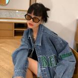 Zoki Streetwear Letter Women Denim Jacket Embroidery Loose  Jean Coat Fashion Long Sleeve Design All Match Pockets Jacke