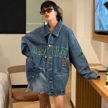 Zoki Streetwear Letter Women Denim Jacket Embroidery Loose  Jean Coat Fashion Long Sleeve Design All Match Pockets Jacke