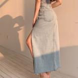 Zoki Slit Women Denim Skirt High Waist Summer Tassel Loose A Line Jeans Long Skirt Causal  Black Fashion Cotton Skirts  