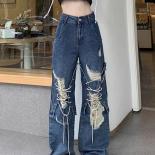Zoki Hip Hop Hole Jeans Women Streetwear Retro Loose Y2k Denim Pants  High Waist Autumn Casual Bf Harajuku Trousers New