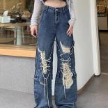Zoki Hip Hop Hole Jeans Women Streetwear Retro Loose Y2k Denim Pants  High Waist Autumn Casual Bf Harajuku Trousers New