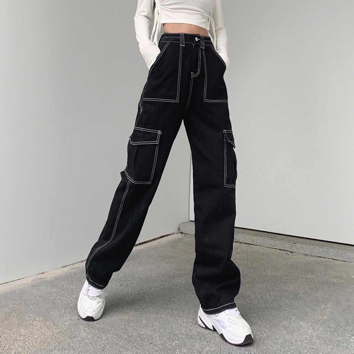 Zoki Patchwork Baggy Jeans Women Fashion Streetwear 100% Cotton Denim Pants Loose Cargo Trouser Harajuku Spring Black Je
