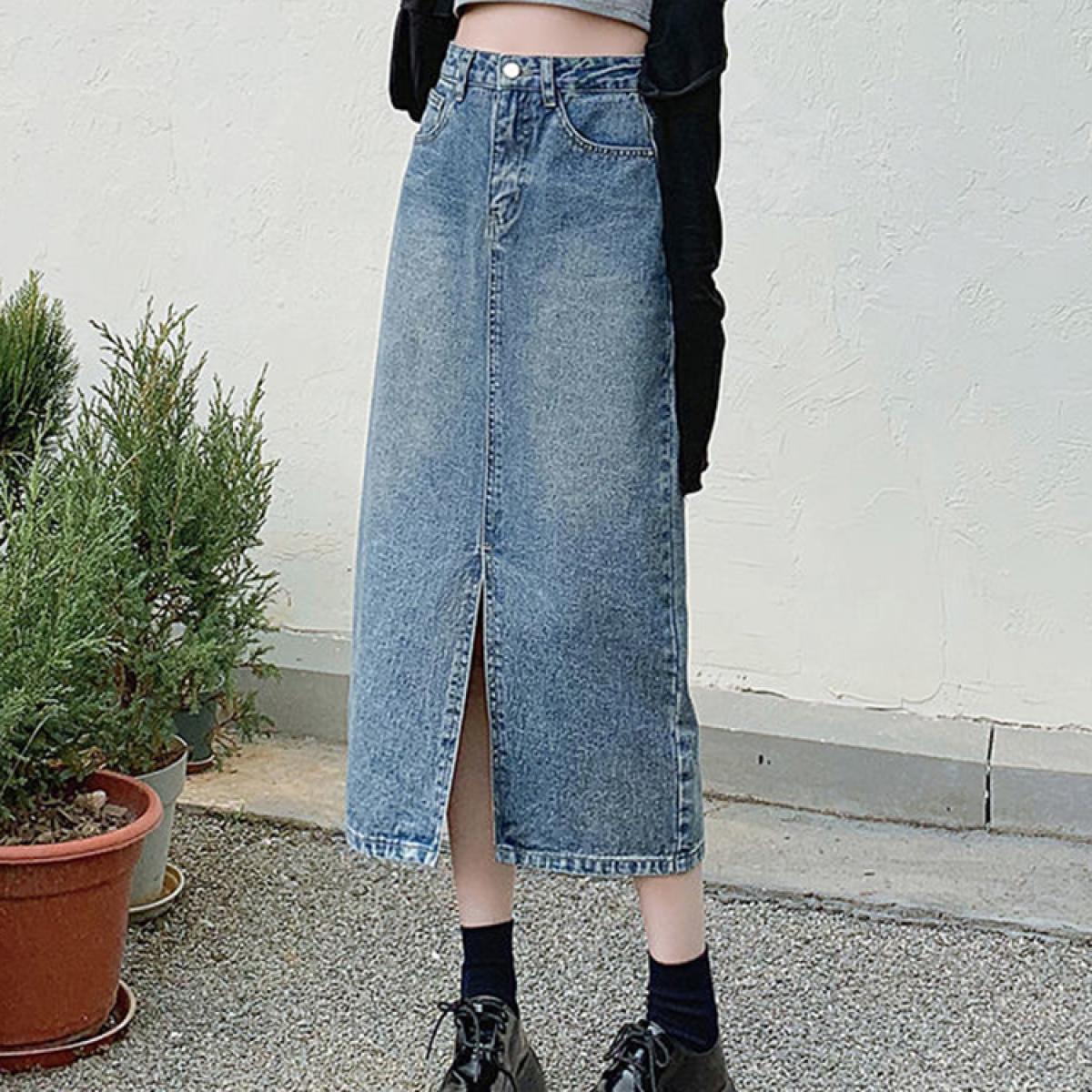 Zoki Vintage Slit Women Denim Midi Skirt  Harajuku High Waist Preppy Style A Line Jeans Skirts Loose Streetwear Skirt Ne